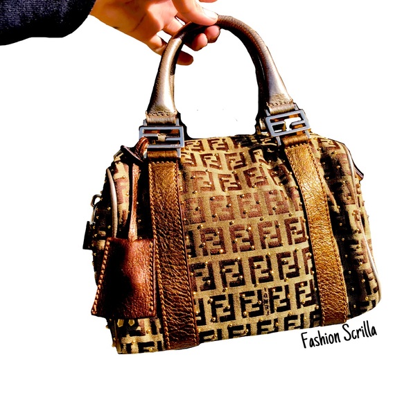 Fendi Zuchino Metallic Tobacco Brown Studded Gold Mini Forever Boston - Picture 12 of 13